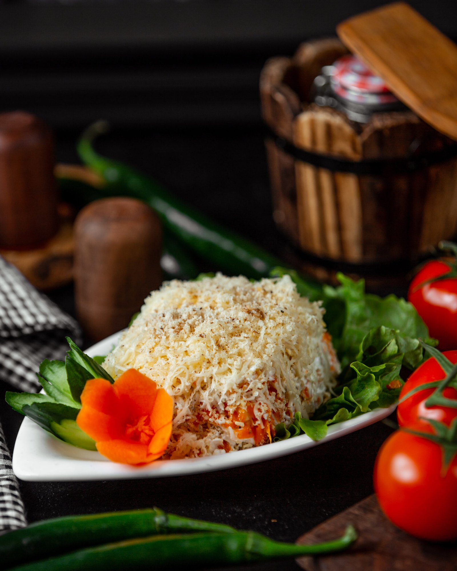 mimosa salad with ornate carrot and cucumber